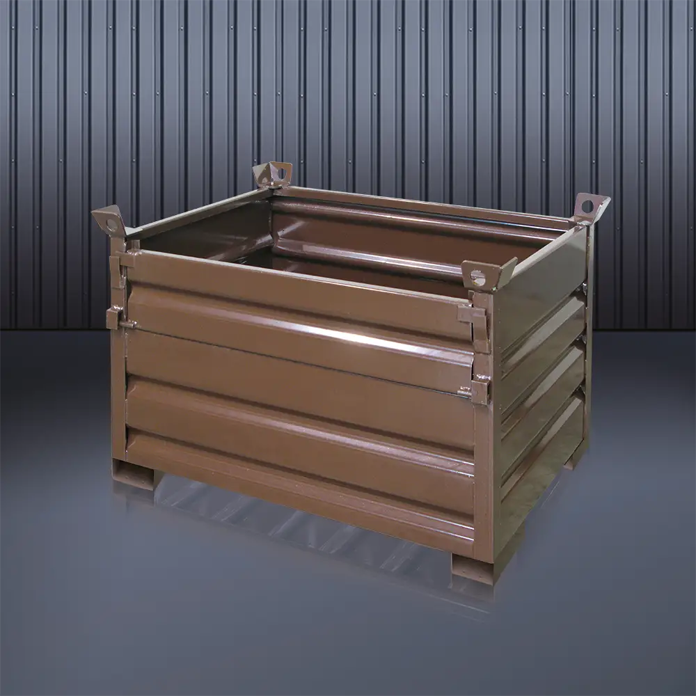 1322.5-11 Vollwand-Stapelpalette mit U-Füßen RAL8017, Ausführung Längsseite 1/3 klappbar, geschlossen