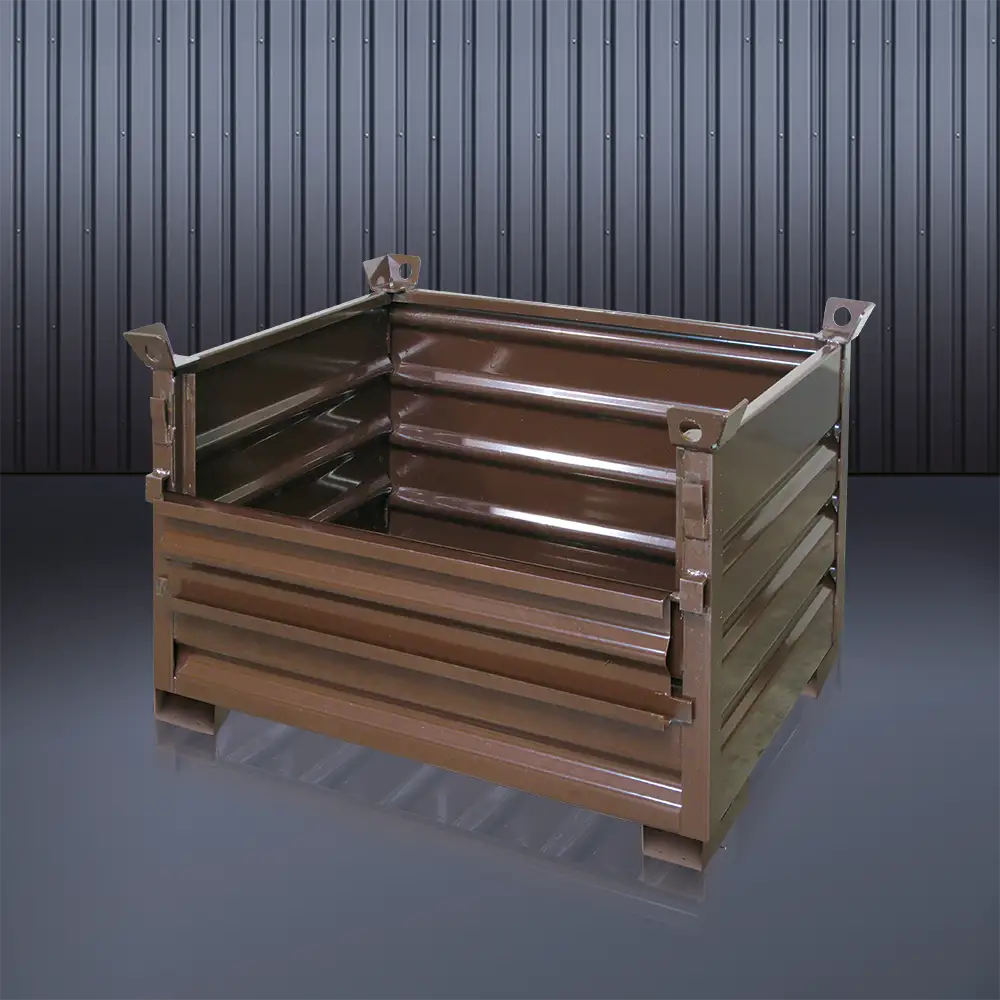 1322.5-11 Vollwand-Stapelpalette mit U-Füßen RAL8017, Ausführung Längsseite 1/3 klappbar, offen